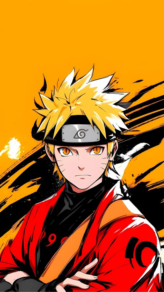 Naruto Uzumaki in Sage Mode 4K Wallpaper | Bright Yellow Background with Red Cloak and Leaf Village Headband