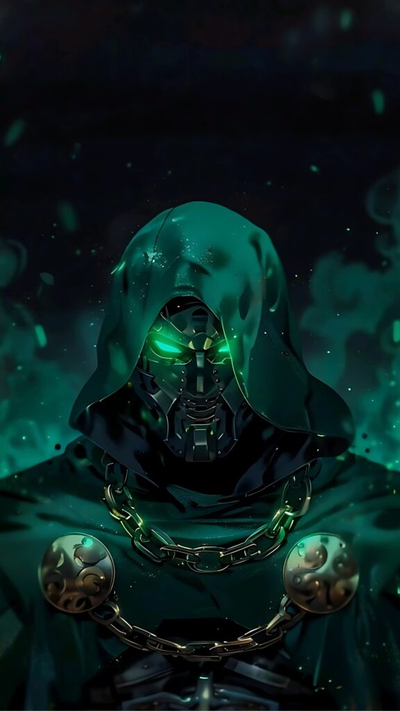4K digital art of Marvel's Doctor Doom with glowing green eyes, a dark hood, and detailed metallic armor against a smoky green background.