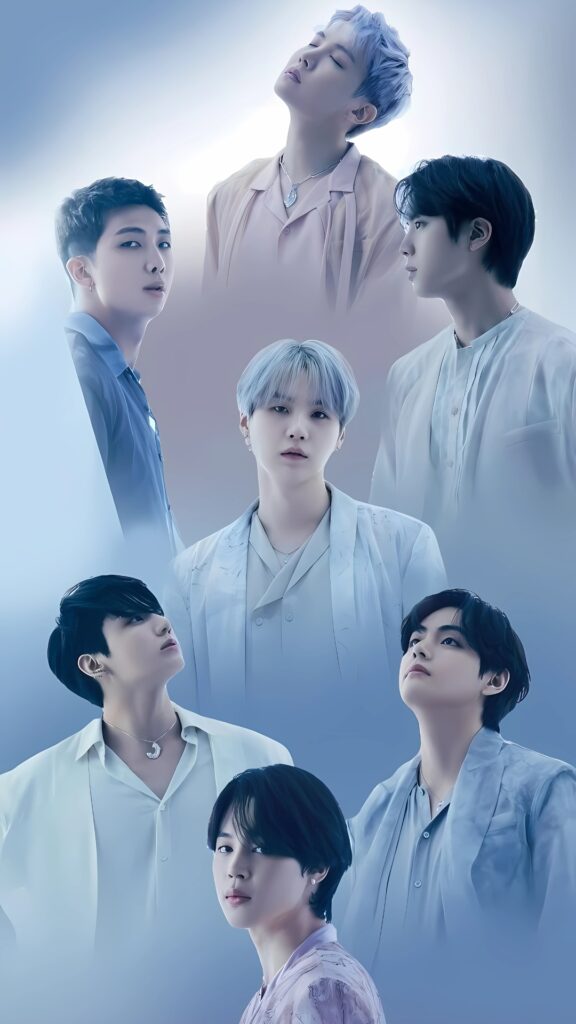 HD BTS wallpaper featuring all seven members in soft pastel outfits with a dreamy blue background – elegant and aesthetic K-pop phone background