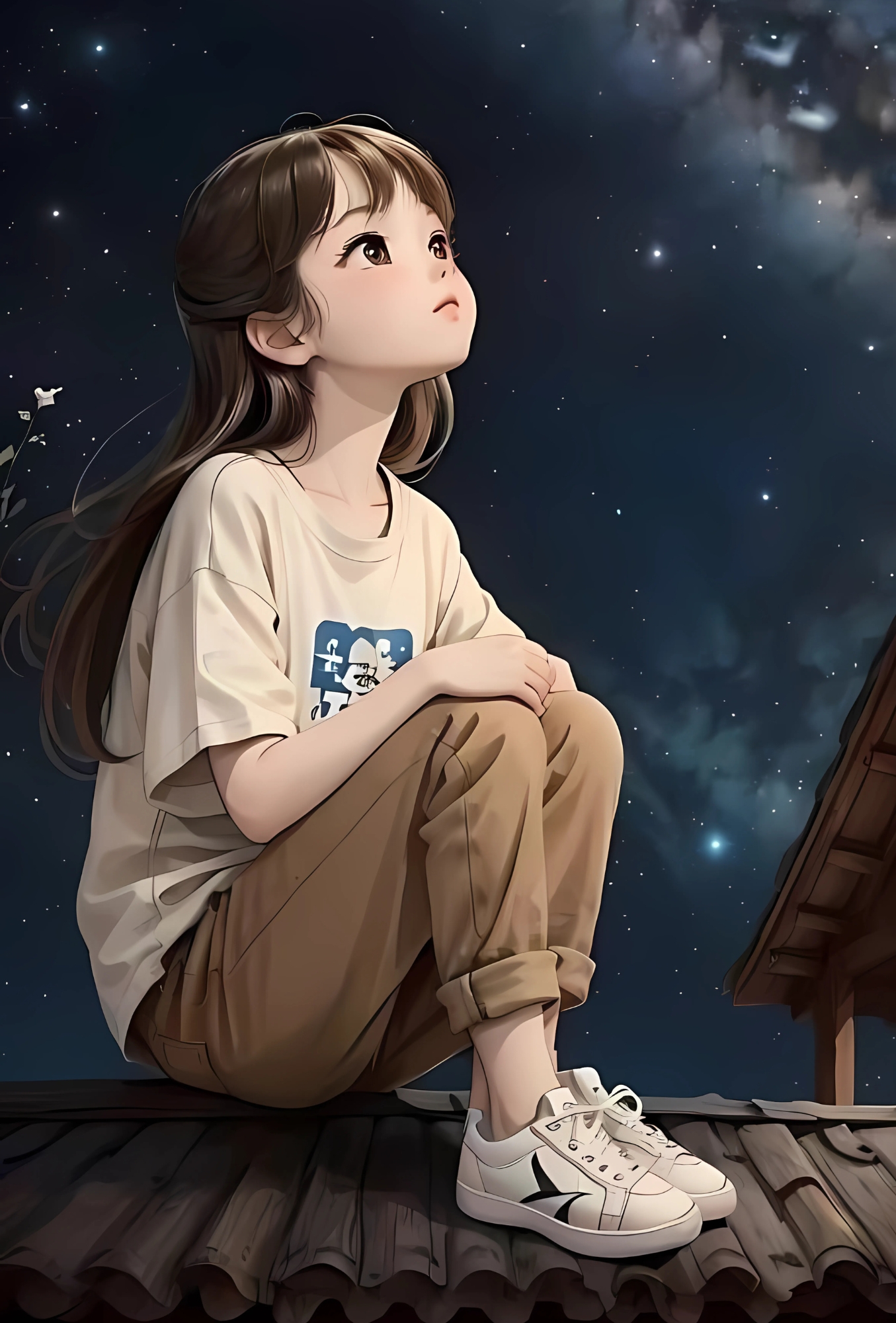 Cartoon girl sitting on a rooftop under the starry night sky, looking up in wonder