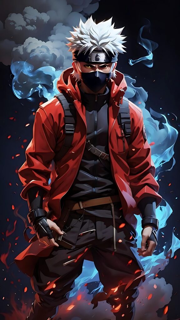 Kakashi Hatake in Red Jacket with Fire and Smoke – Naruto Aesthetic Anime Wallpaper