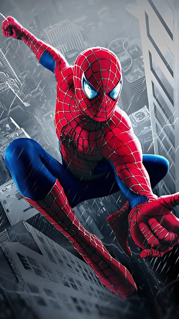 Spider-Man swinging through a dark cityscape with lightning in the background – vertical iPhone wallpaper