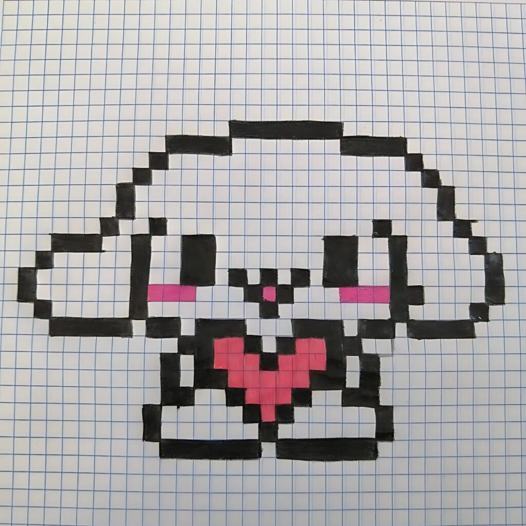 Cute pixel art of a bunny character holding a pink heart, drawn on blue graph paper using black and pink markers.