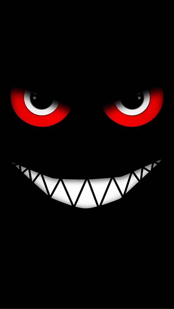 Dark aesthetic wallpaper featuring a creepy smile with sharp white teeth and glowing red eyes on a black background