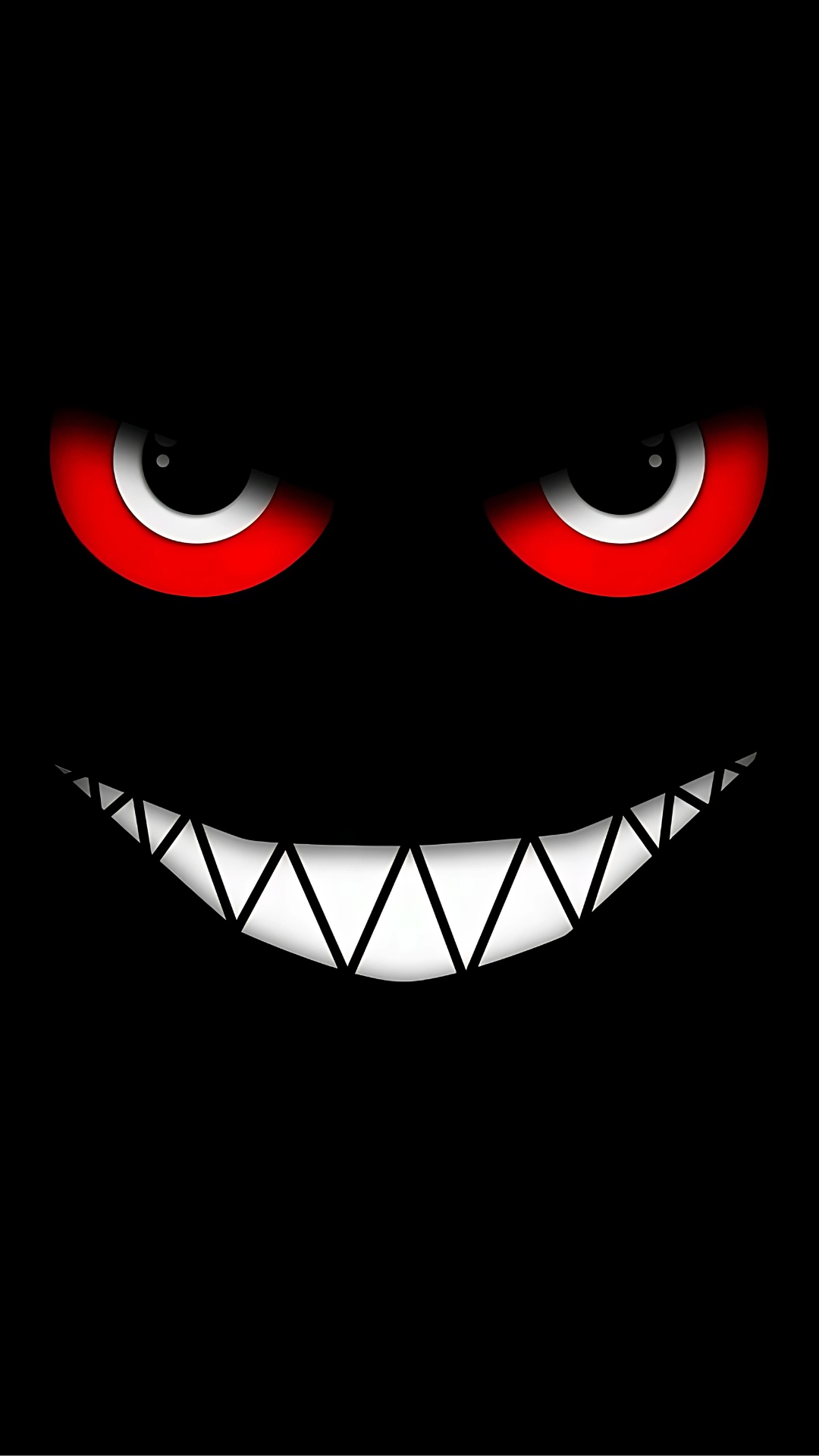 Dark aesthetic wallpaper featuring a creepy smile with sharp white teeth and glowing red eyes on a black background