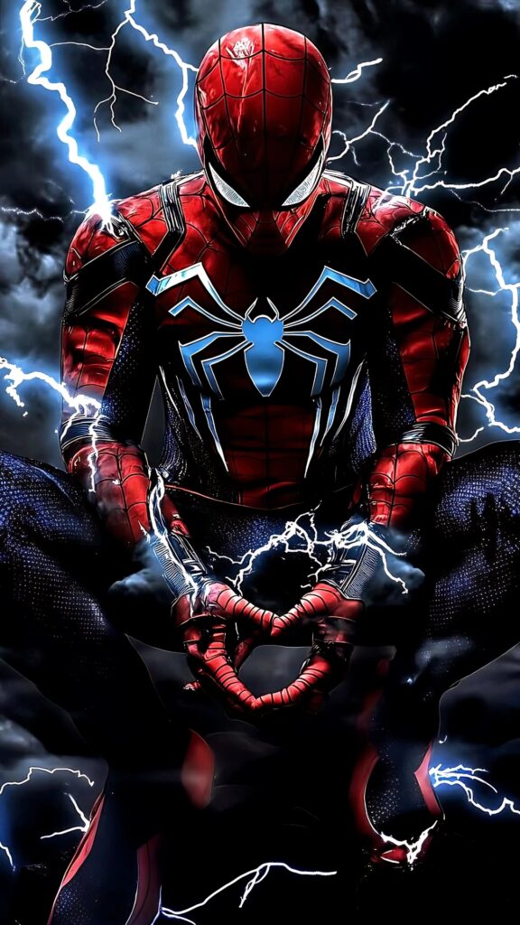Spider-Man sitting in a meditative pose, surrounded by blue lightning and storm clouds, with glowing white spider emblem