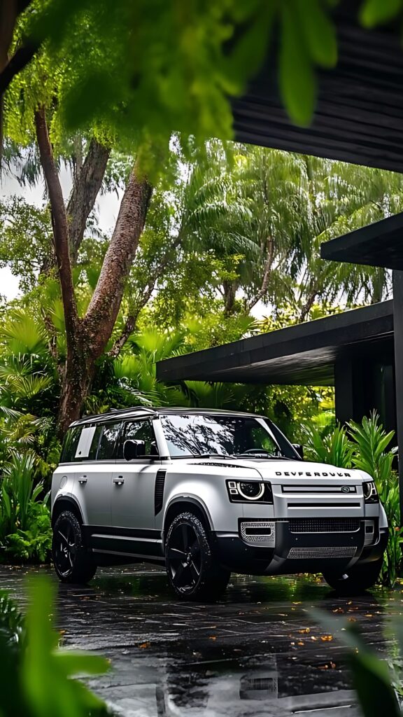 2020 Land Rover Defender in tropical driveway – luxury SUV HD wallpaper