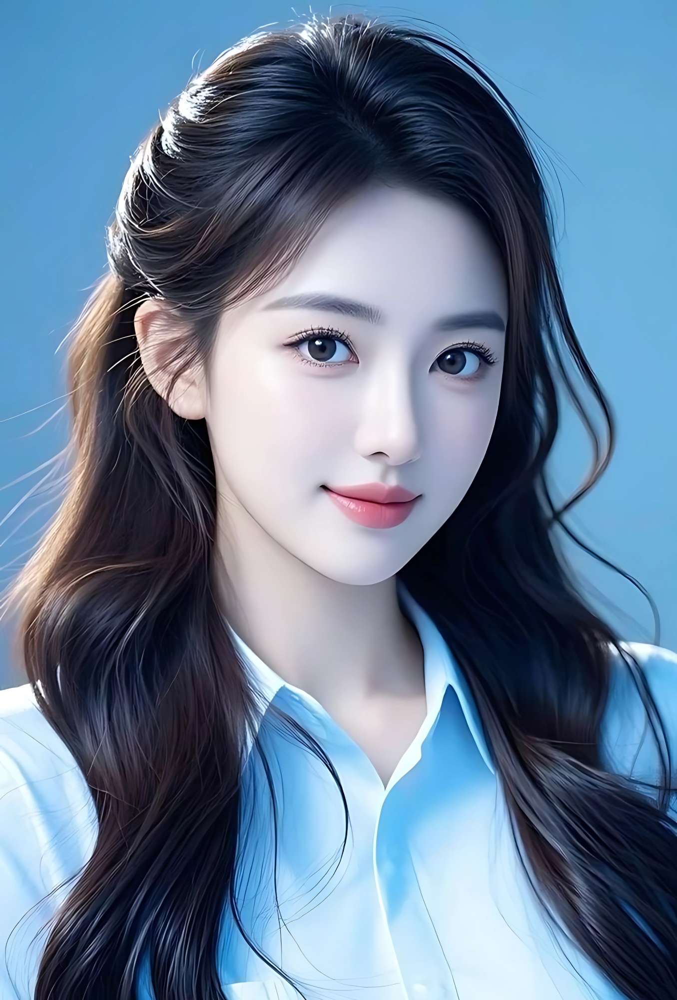 Cartoon girl with long wavy hair in light blue shirt smiling confidently – classy girls DP image