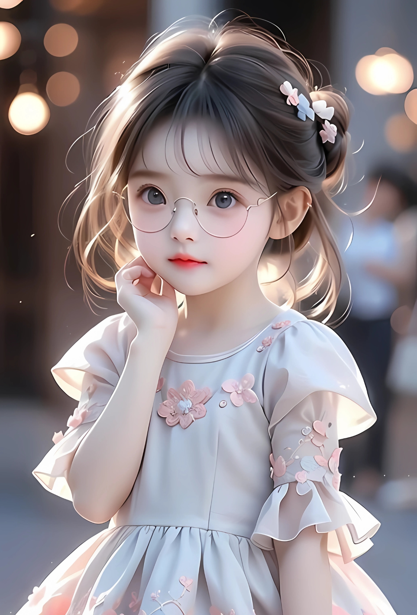 Adorable cartoon girl with glasses in a floral dress and soft hairstyle