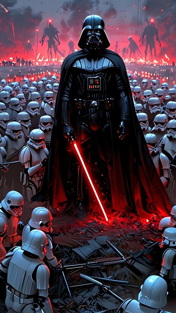 Epic Darth Vader leading stormtroopers with red lightsaber and glowing battlefield in Star Wars-themed wallpaper