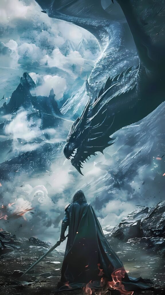 A cloaked warrior with a sword faces a massive black dragon in a dark, snowy mountain battlefield under stormy skies