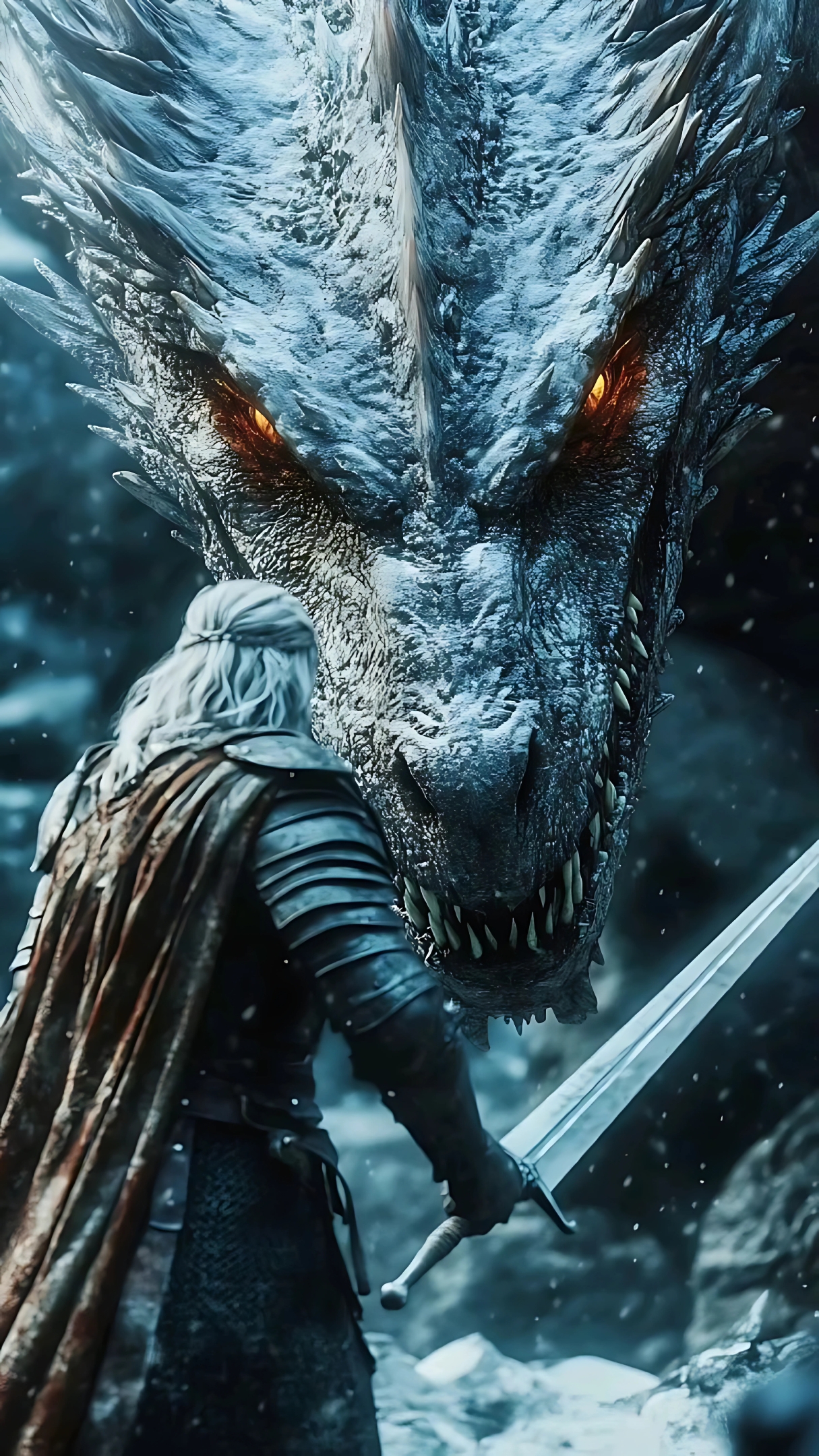 Warrior facing dragon with fiery eyes – Game of Thrones 4K mobile wallpaper