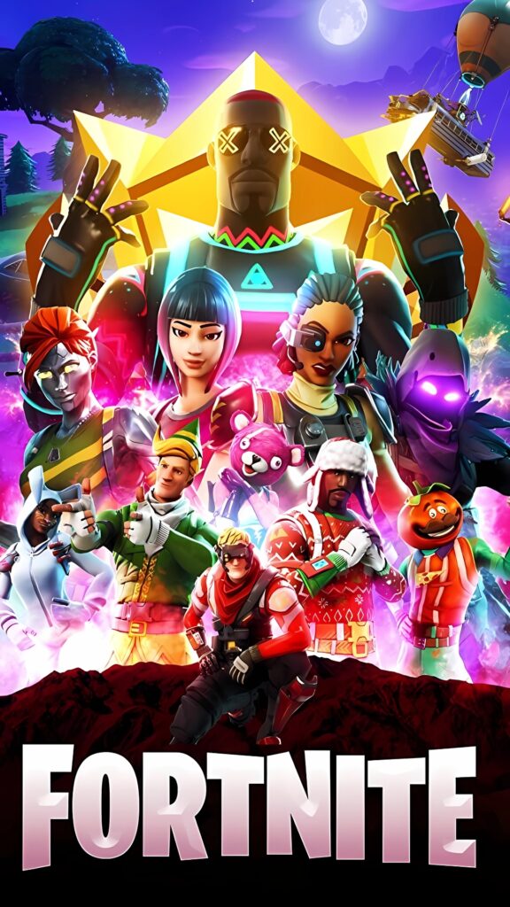 Epic Fortnite wallpaper featuring a vibrant lineup of diverse characters and legendary skins under a moonlit sky.