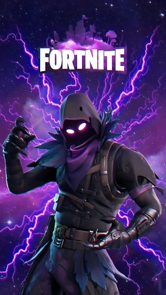 Fortnite Raven skin wallpaper with purple electric galaxy background