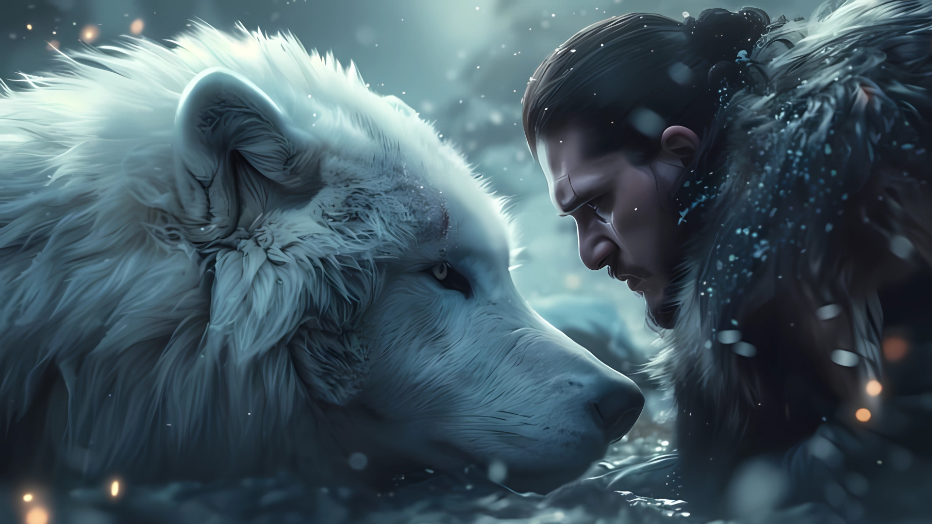 Jon Snow with Direwolf Ghost in snowy forest – Game of Thrones fantasy wallpaper
