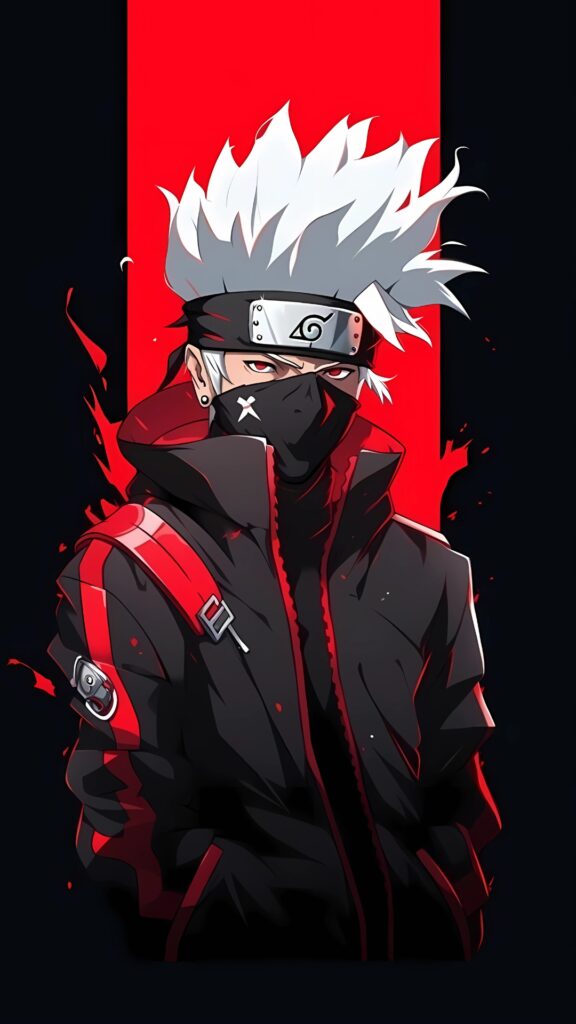 Stylish Kakashi Hatake Fan Art in Dark Red Ninja Outfit – Naruto Anime Wallpaper