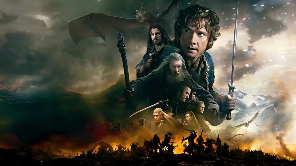 Lord of the Rings desktop wallpaper featuring key characters like Frodo, Gandalf, Aragorn, and Legolas with a fiery battlefield and Smaug in the background.