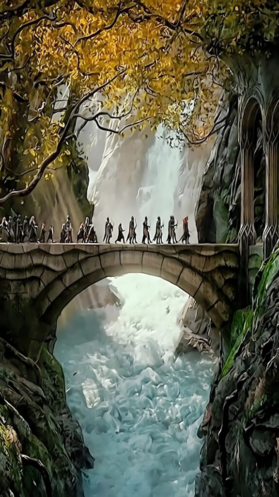 Lord of the Rings phone wallpaper showing the Fellowship crossing an ancient stone bridge in Rivendell with a waterfall in the background and golden autumn trees overhead.