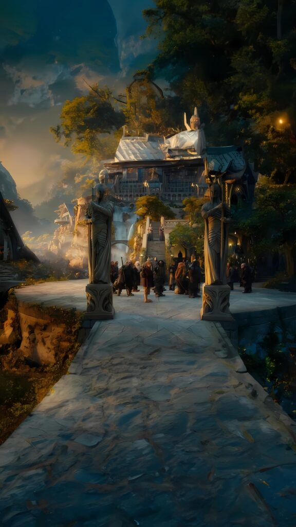 Scenic fantasy village with stone bridge and statues inspired by Lord of the Rings