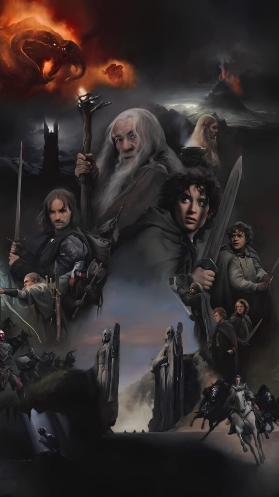 Epic Lord of the Rings wallpaper featuring main characters, battles, and iconic scenes from the trilogy
