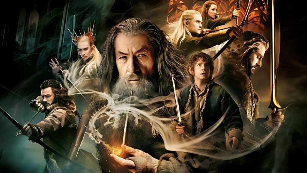 A high-definition Lord of the Rings and Hobbit wallpaper featuring Gandalf, Legolas, Thorin, Bilbo, Bard, Thranduil, and Tauriel ready for battle.