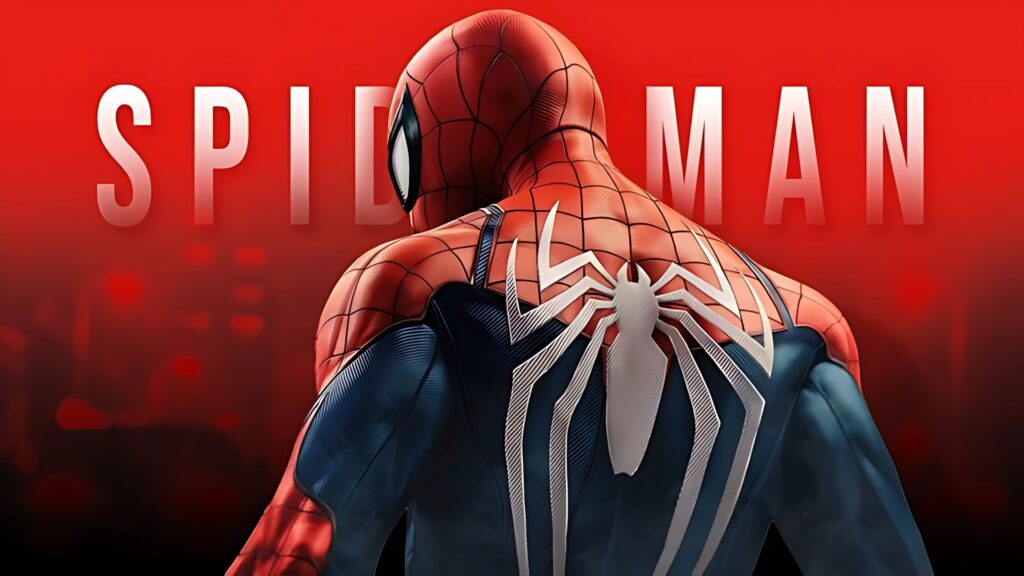 Spider-Man in iconic white spider suit facing away with bold red background – perfect desktop wallpaper from PS5 game