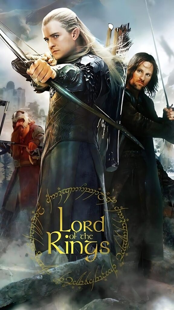 Legolas draws his bow with Aragorn and Gimli poised behind him, framed by Elvish script and a misty battlefield.