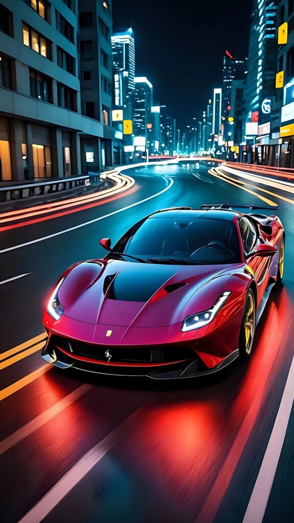 Red Ferrari supercar with black accents racing through neon-lit city streets at night with light trails and skyscrapers in the background.