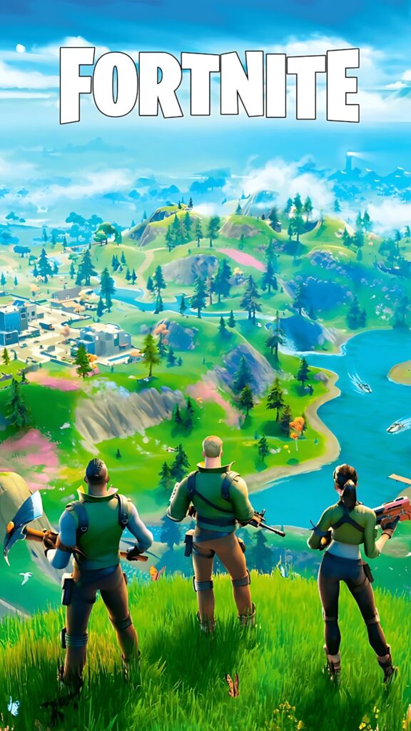 Fortnite Chapter 5 wallpaper showing characters overlooking a colorful island map