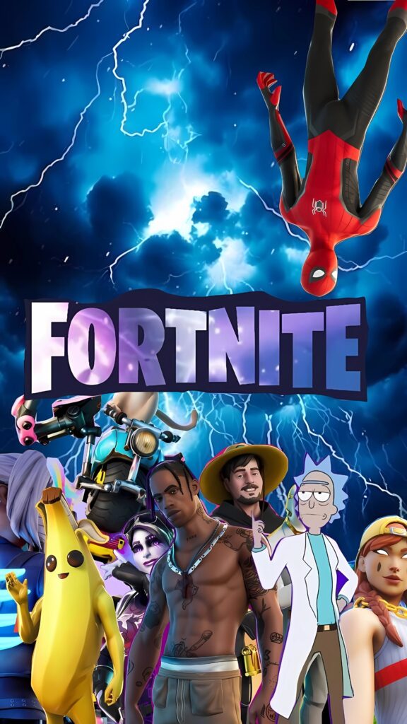 Colorful Fortnite characters with a stormy blue lightning background and the Fortnite logo centered.