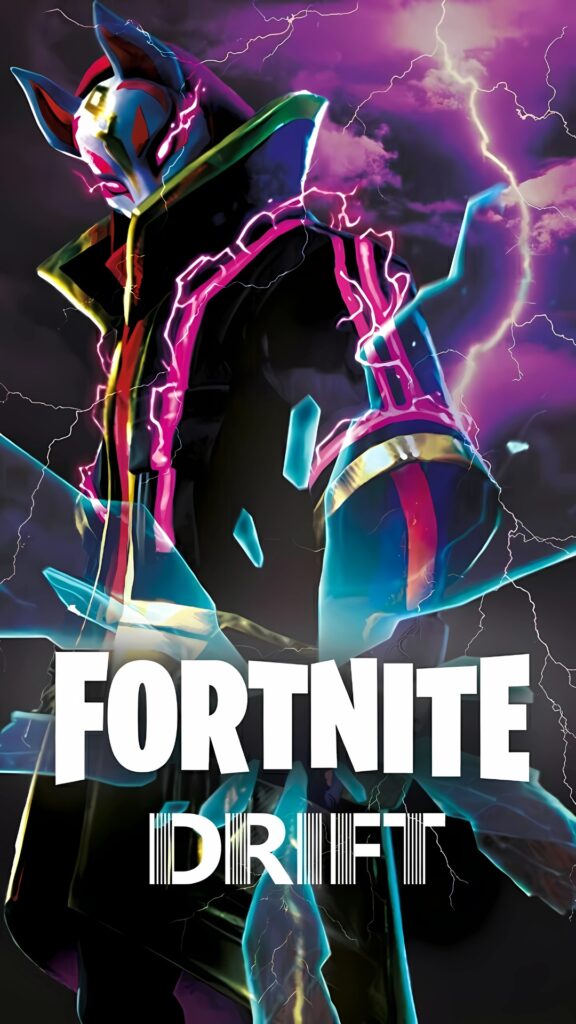 Fortnite Drift skin wallpaper with neon lightning effects and a dark stormy background.