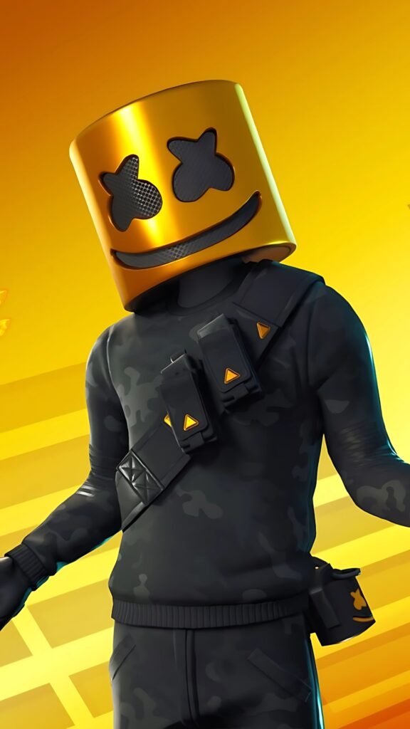 Golden Marshmello Fortnite skin wallpaper with a vibrant yellow background in 4K resolution.