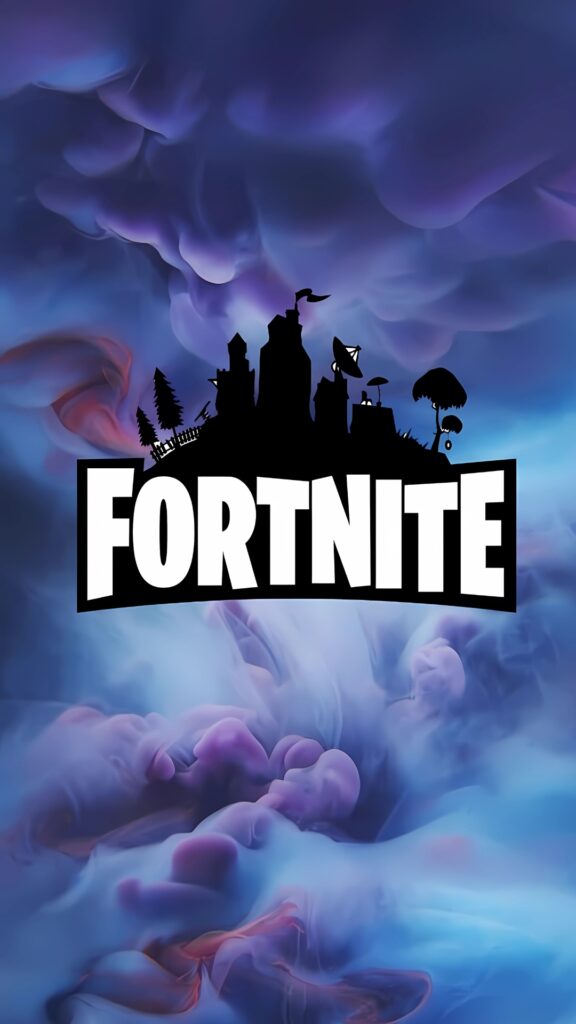 Fortnite logo on colorful cloudy abstract background in blue and purple shades