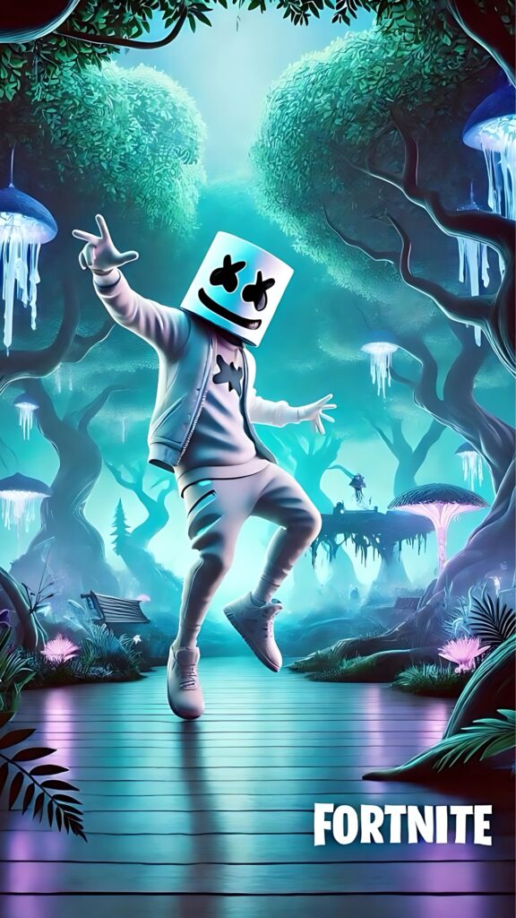 Fortnite Marshmello character dancing in a glowing fantasy forest with neon mushrooms and bioluminescent trees.