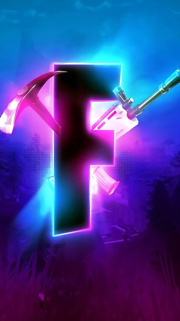 Fortnite glowing neon “F” logo with pickaxe and rifle on a futuristic battlefield background.