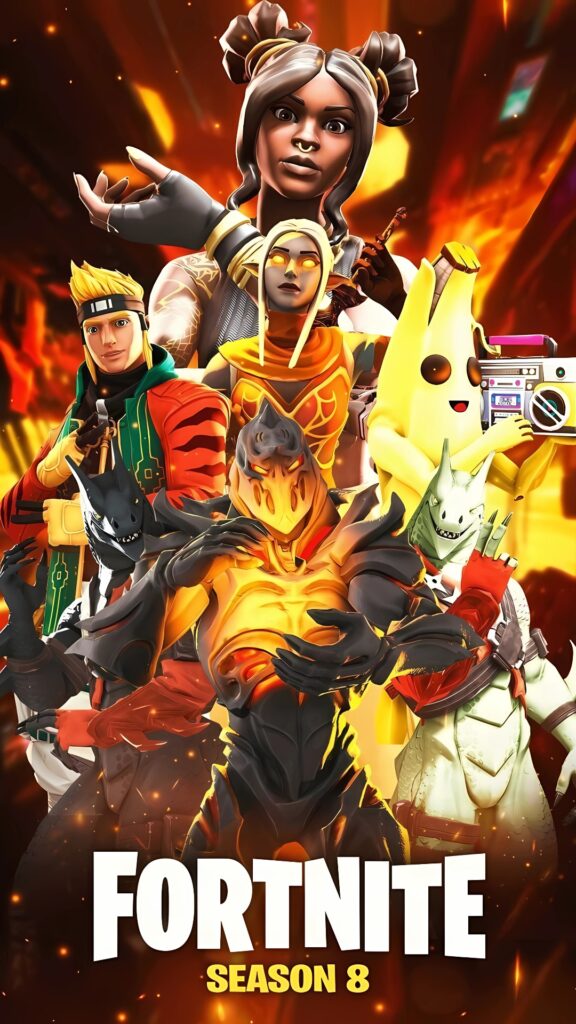 Fortnite Season 8 phone wallpaper featuring popular character skins like Peely, Ember, and hybrid heroes with a fiery background.