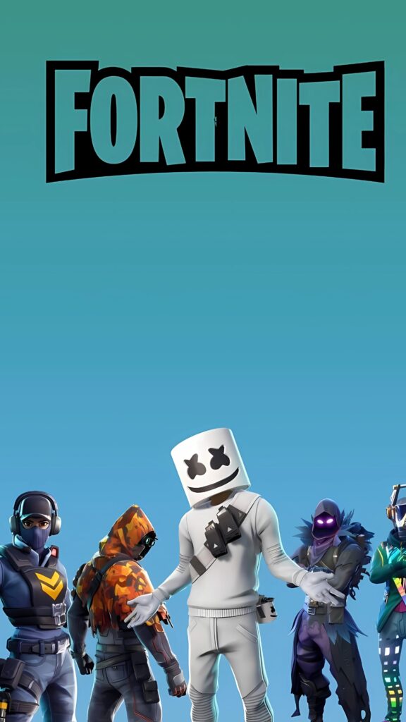 Fortnite skins lineup featuring Marshmello and iconic characters on a gradient blue background.