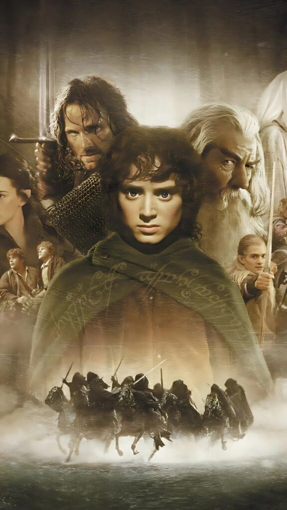 Frodo stands solemnly in the center, flanked by Aragorn, Gandalf, Legolas, and other Fellowship members, as the Ringwraiths charge through water below.