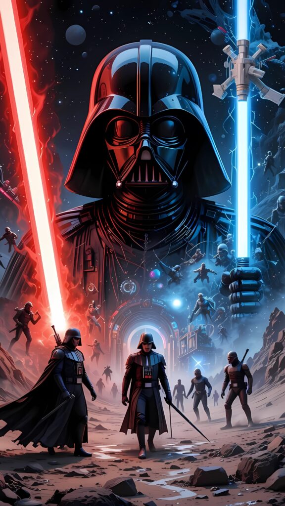 Darth Vader phone wallpaper featuring split red and blue lightsabers in cosmic sci-fi Star Wars battle scene