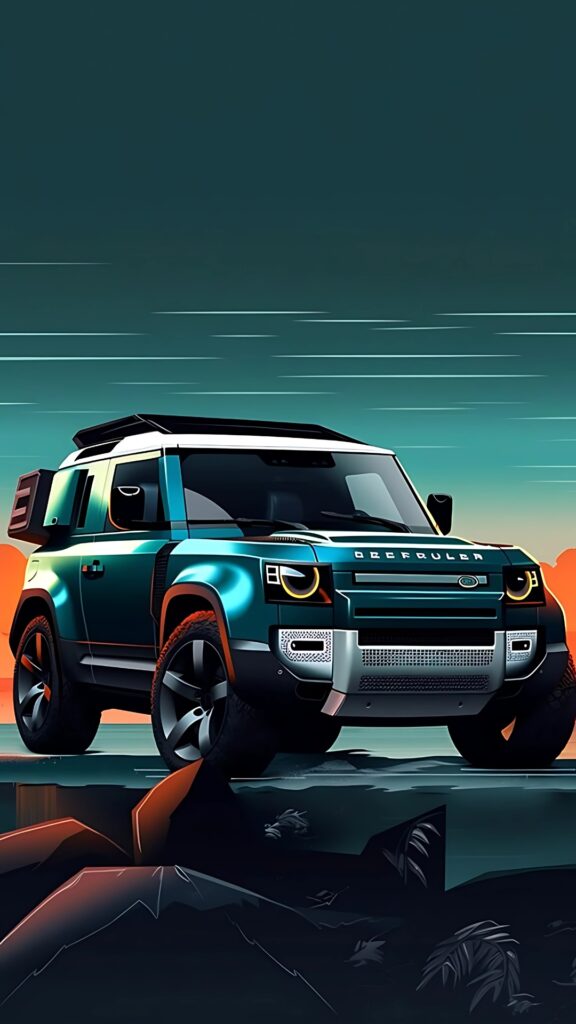 Illustrated Land Rover Defender SUV on rugged terrain at sunset, showcasing a futuristic design and off-road capabilities