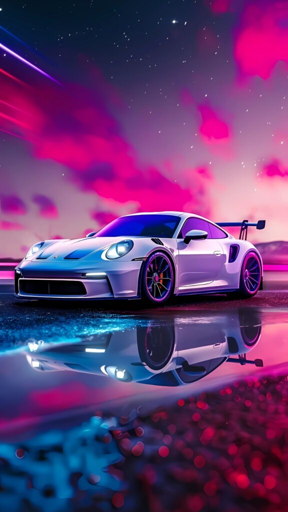 Stunning Porsche 911 GT3 sports car under a starry night sky with neon pink and blue reflections on wet pavement.