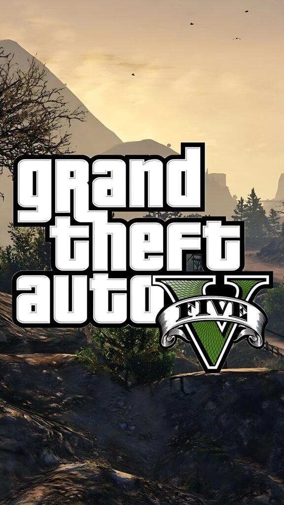 High-resolution GTA 5 4K wallpaper featuring the Grand Theft Auto V logo centered over a detailed mountain and forest landscape at sunrise.