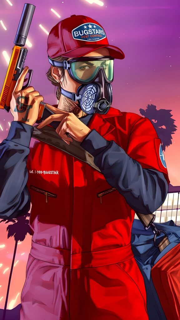 GTA 5 Android wallpaper showing a heist character in a red Bugstars jumpsuit with a gas mask and silenced pistol, set against a purple sunset sky.