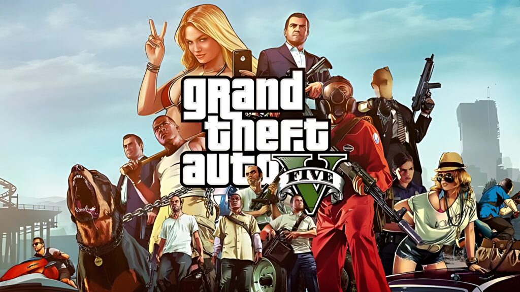 Grand Theft Auto V desktop wallpaper featuring main characters, action scenes, and the GTA V logo in a vibrant collage layout.