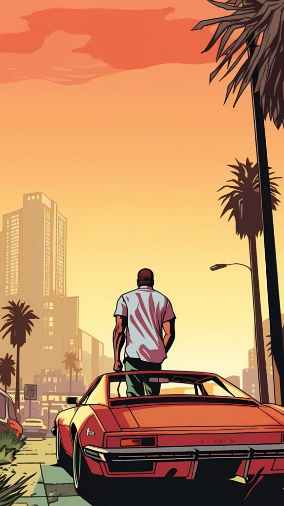 Stylized GTA 5 wallpaper featuring Franklin standing beside a red muscle car under a sunset sky in Los Santos with palm trees and skyscrapers in the background.