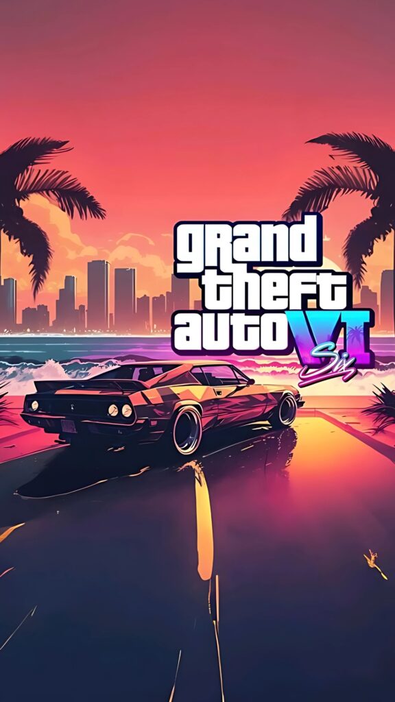 GTA 6 wallpaper featuring a neon-lit muscle car on a coastal road with palm trees, a glowing sunset, and Vice City skyline in the background.