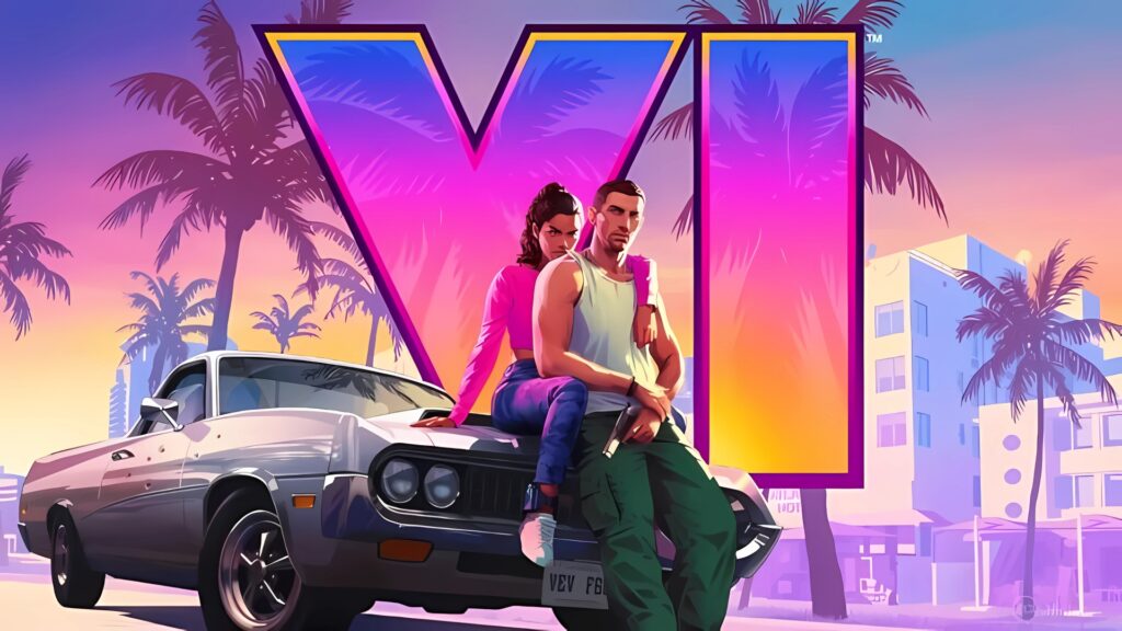 Grand Theft Auto VI wallpaper in 1366x768 resolution showing two characters in front of a muscle car with a large VI in the background and palm trees
