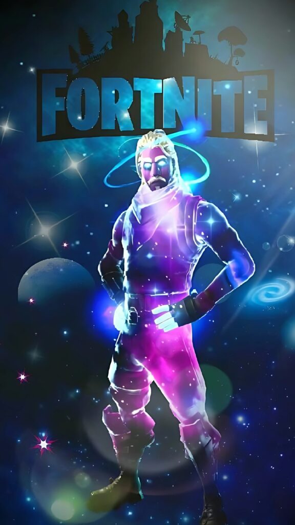 Galaxy-themed Fortnite character glowing in space with the Fortnite logo above.