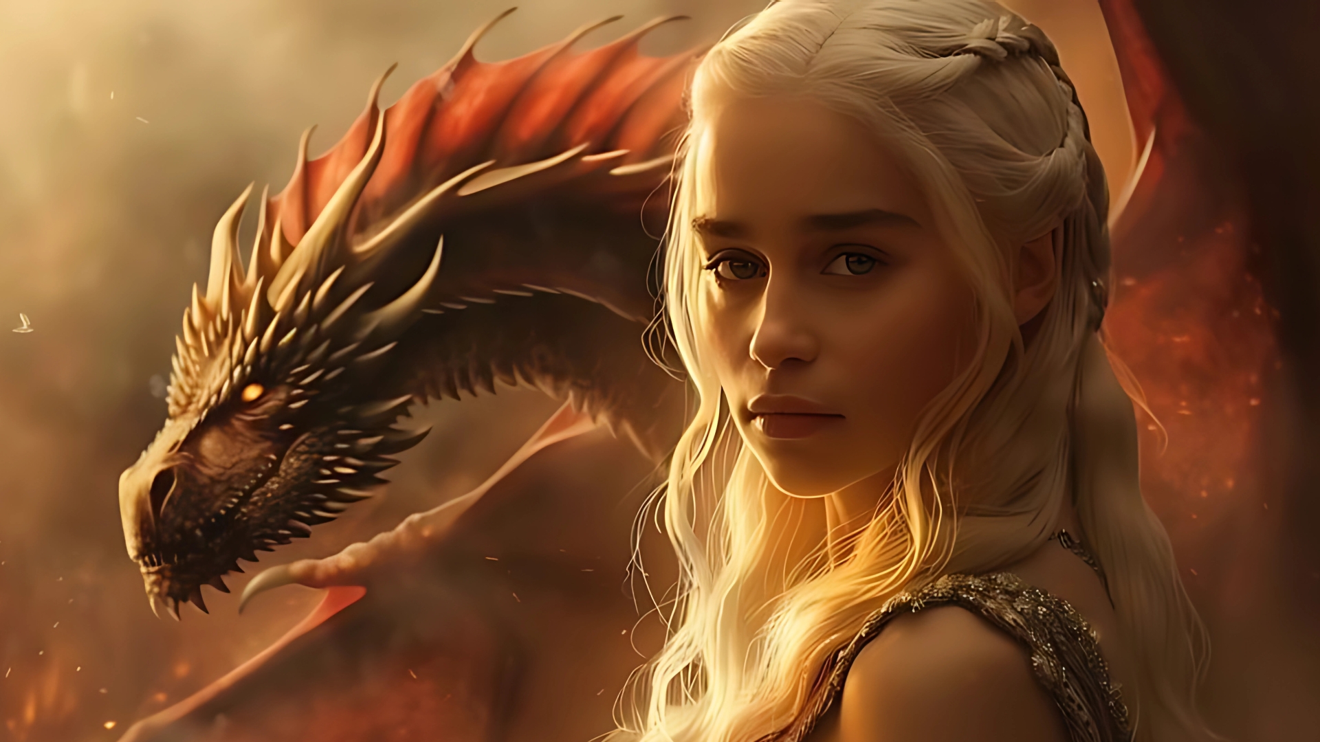 Daenerys Targaryen with dragon Drogon in fiery background – Game of Thrones PC wallpaper