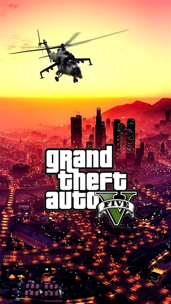 GTA 5 iPhone wallpaper with helicopter flying over Los Santos skyline at sunset, featuring Grand Theft Auto V logo